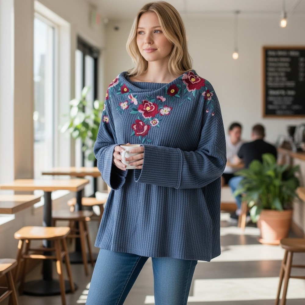 Umgee Waffle Knit Top Womens L Blue New Floral Embroidered Boho Cowl Neck Tunic